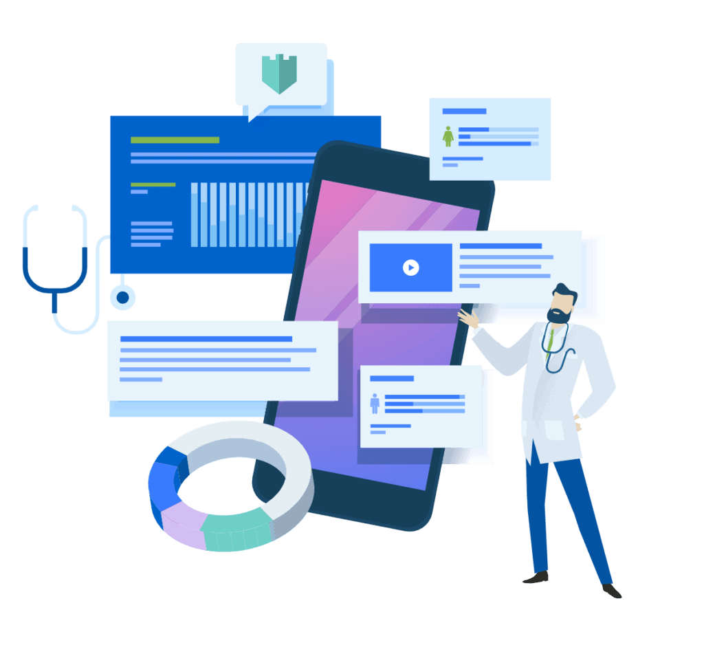 Illustration of a physician with a mobile device and medical and analytical symbols