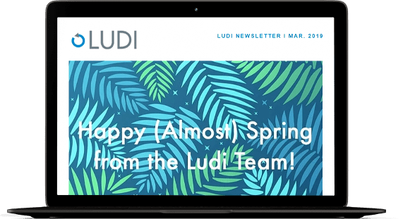 Laptop mock-up showing a preview of Ludi's March 2019 newsletter