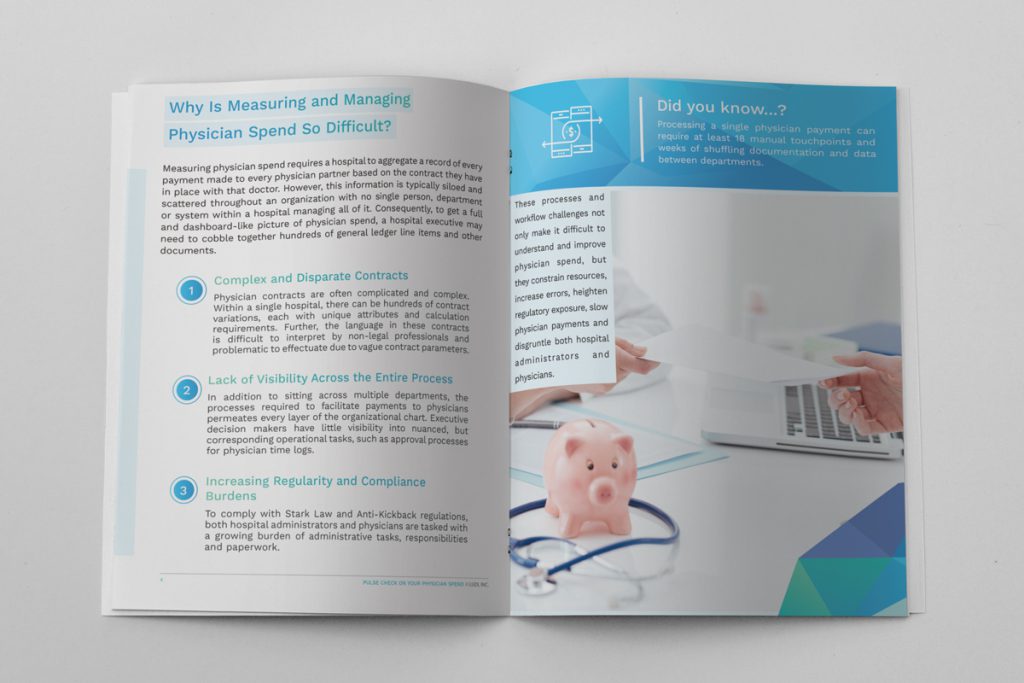 Ludi "Pulse Check on Your Physician Spend" white paper preview showing the "Why is Measuring and Managing Physician Spend So Difficult?" pages