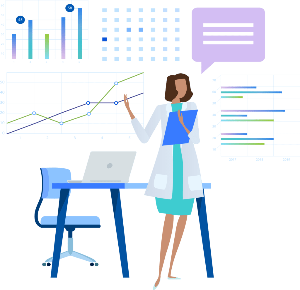 Illustration of a female physician holding a clipboard with a desk and surrounding by charts and graphs representing data analysis