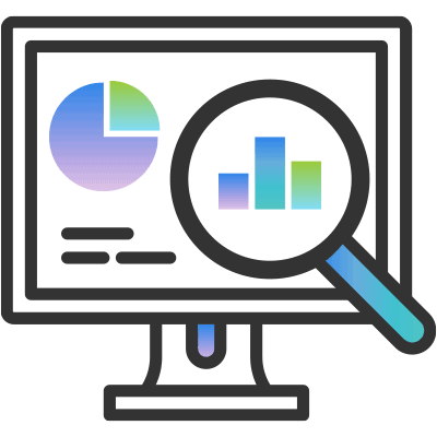 Icon showing a computer display with a magnifying glass and analytical data shown as charts and graphs