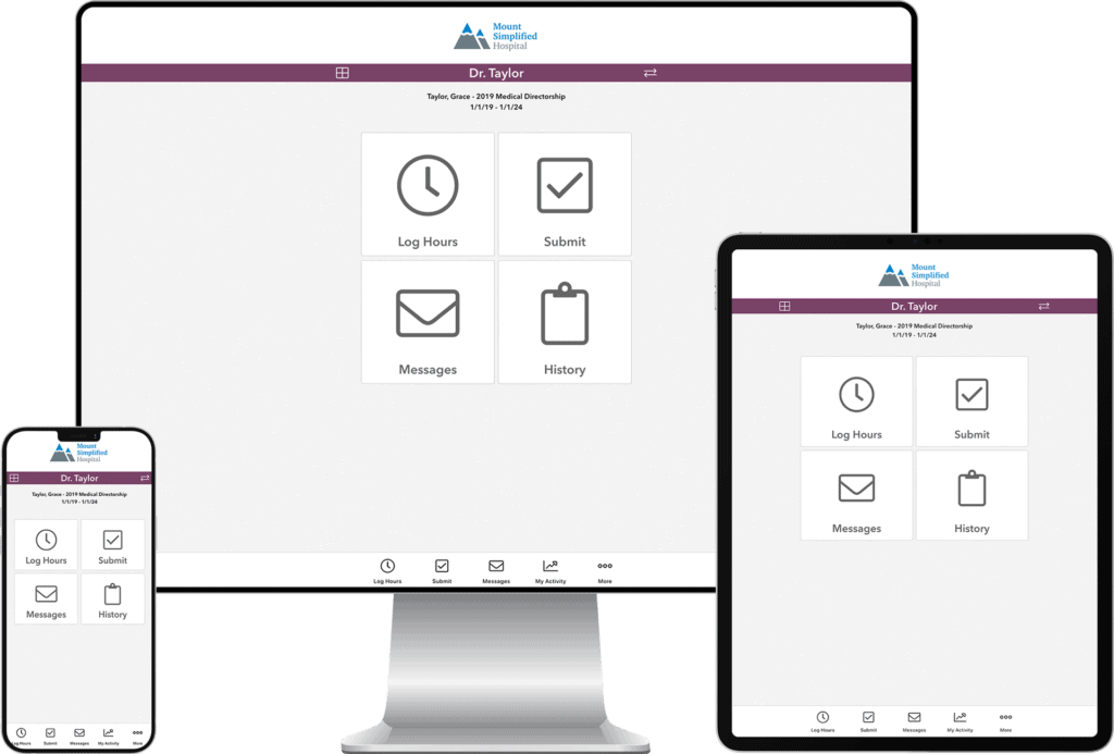 Ludi DocTime dashboard mock-up on mobile, tablet, and desktop devices
