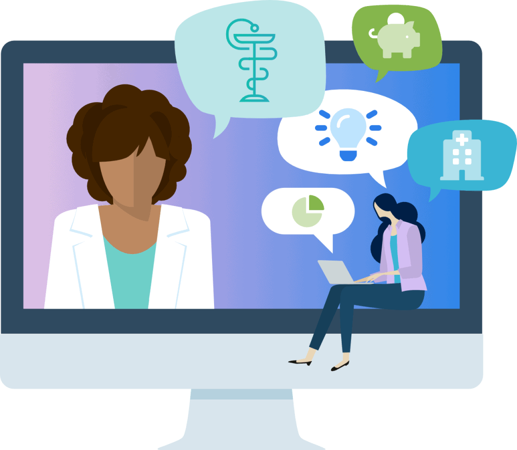 Abstract image of a woman sitting with a laptop viewing a webinar by a physician or healthcare professional