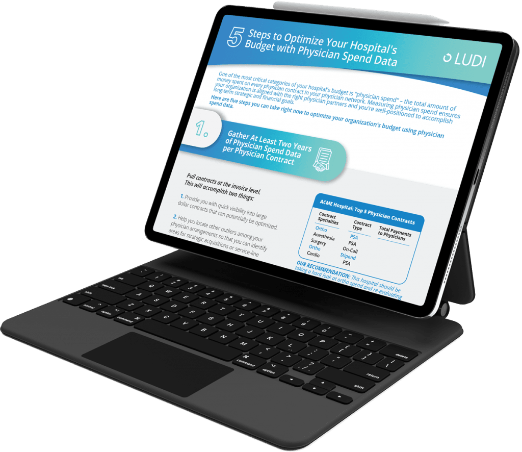 Infographic "5 Steps to Optimize Your Hospital's Budget with Physician Spend Data" mock-up on an iPad pro with keyboard and pencil