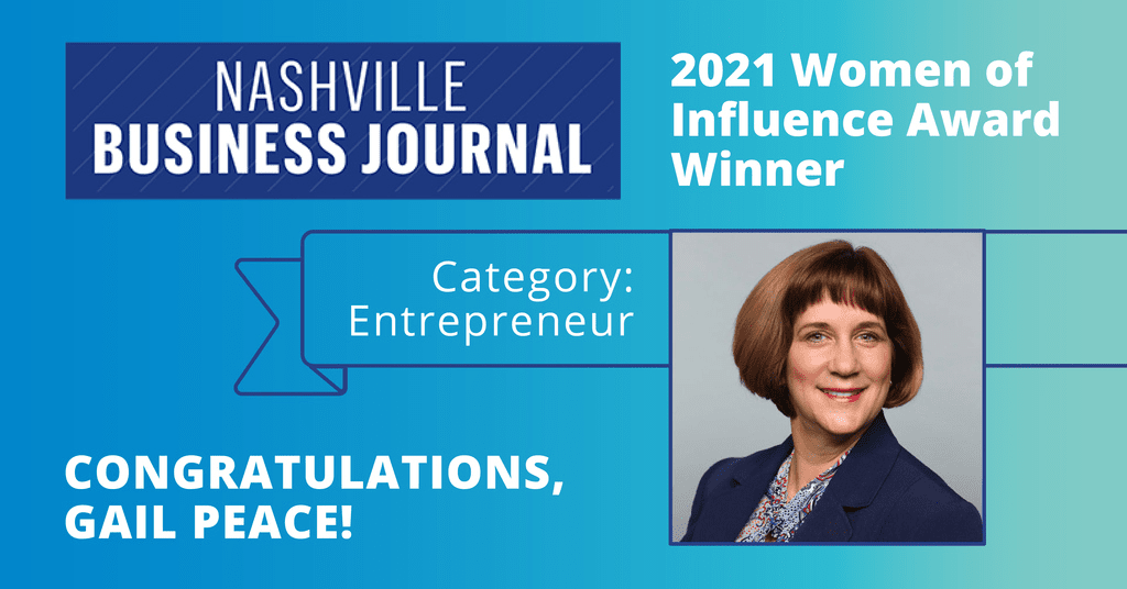 Nashville Business Journal 2021 Women of Influence Award Winner celebrating Gail Peace (CEO, Ludi) in the entrepreneur category
