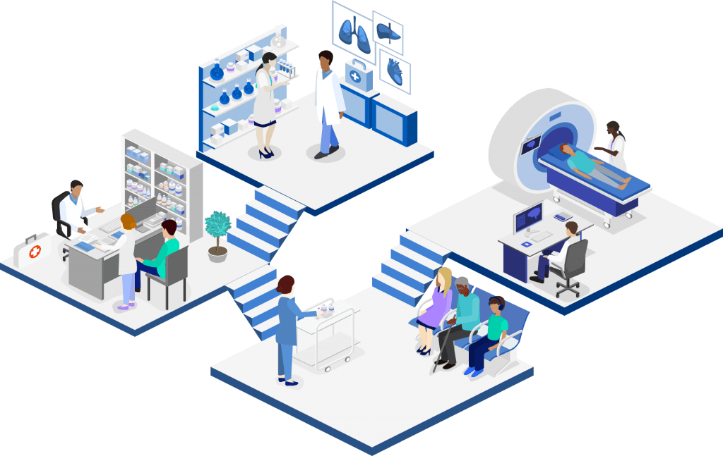 Complex illustration depicting a hospital or clinic space with a waiting area, imaging area, MRI machine, and doctor's desk space populated with many staff members and patients
