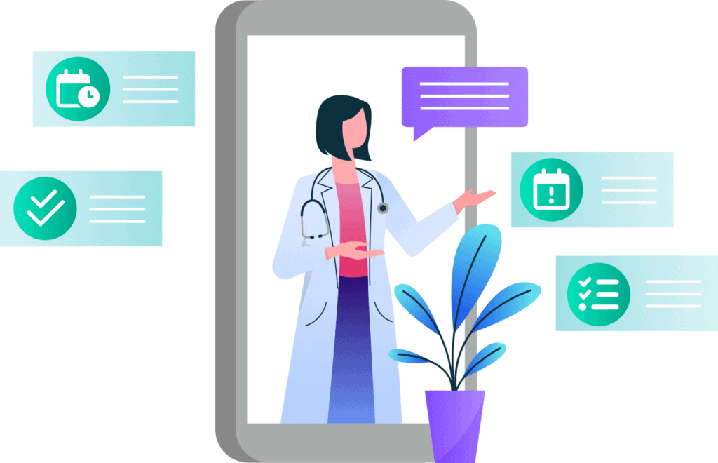 Abstract illustration of a physician reaching out from a mobile device and pointing toward different blurbs with healthcare related icons symbolizing healthcare automation