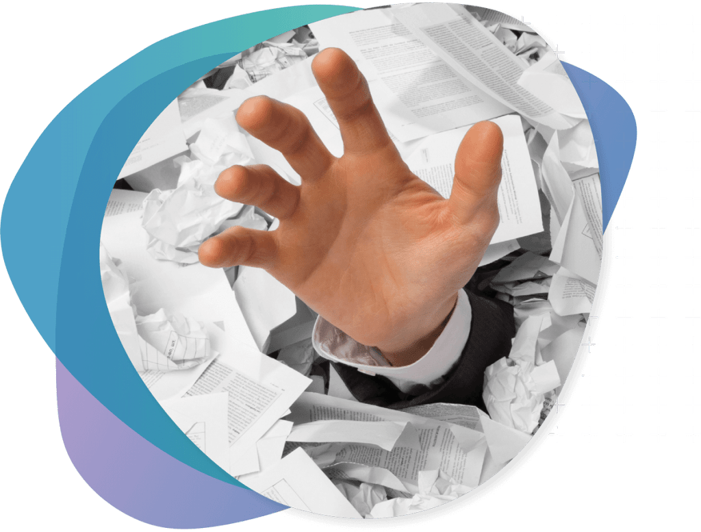 Business person's hand sticking out from a bunch of documents symbolizing administrative burden