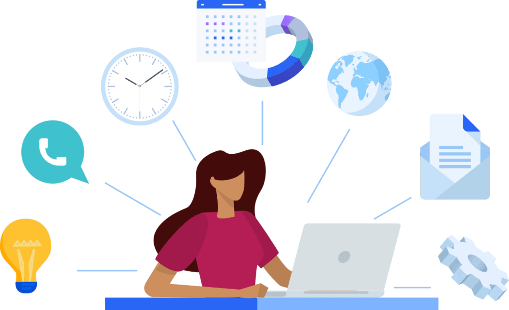 Image of a woman sitting at a desk with a laptop and many business and productivity symbols above (light bulb, phone, clock, chart, globe, email, gear icon)