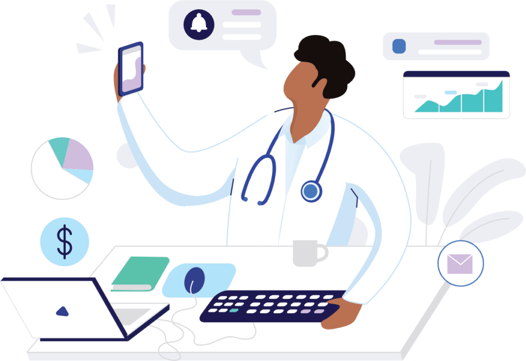 Abstract illustration of a physician staring at his mobile phone at a desk with a laptop, notebook, keyboard and mouse and various medical and digital symbols in the background