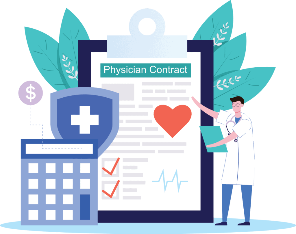 Abstract illustration of a doctor pointing to a physician contract with a shield and calculator on the left side and leaves for decoration