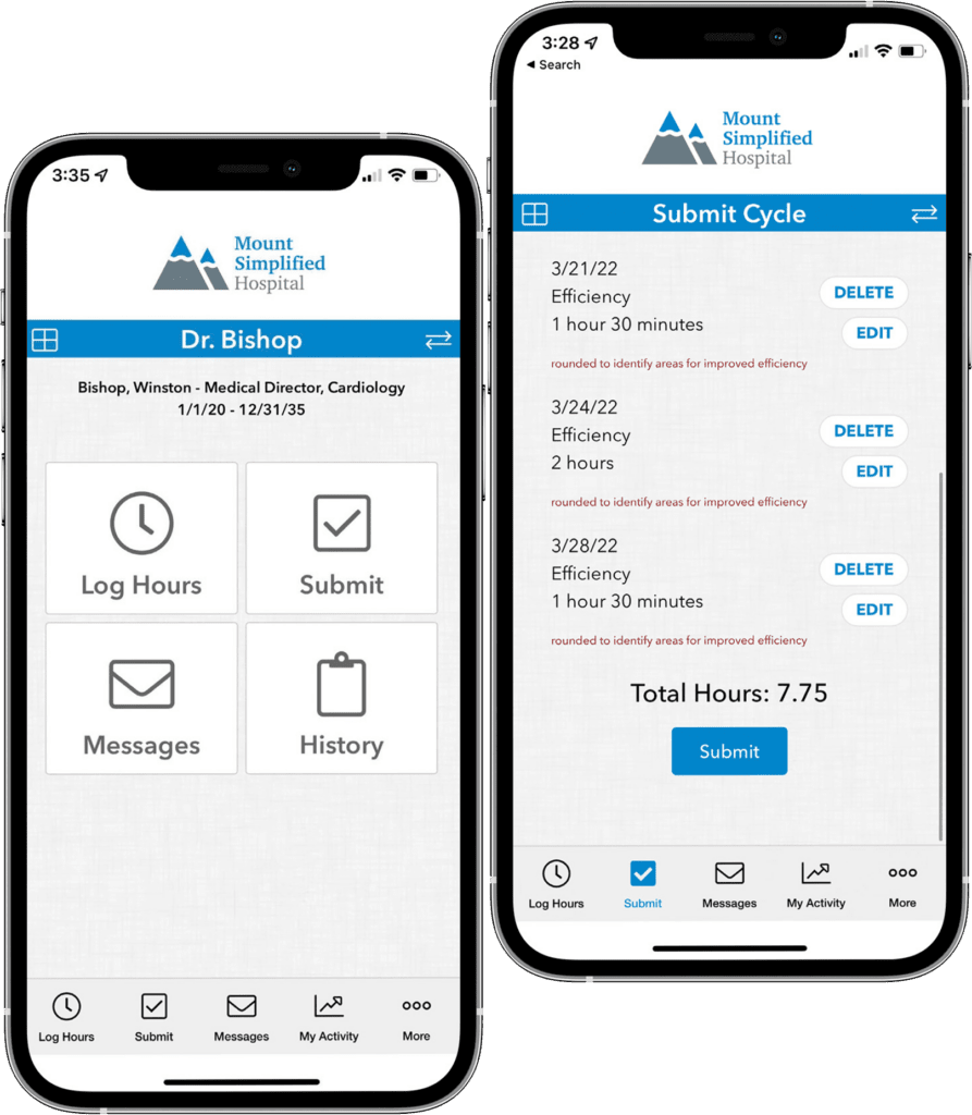 Two mobile device mockups showing the Ludi app interface Home and Submit screens