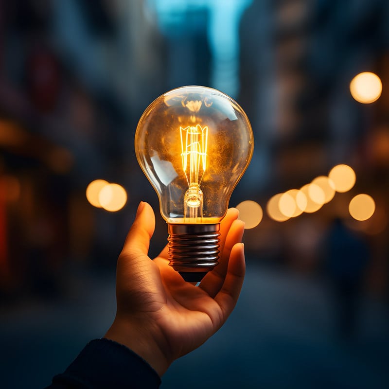 Person holding a lightbulb against a bokeh city background