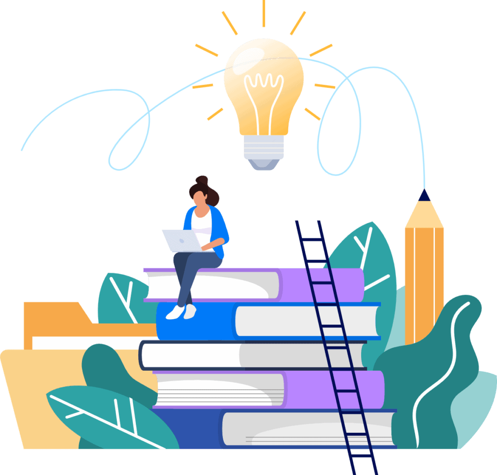 Illustrated flat style vector image of a woman sitting on top of books with a laptop, plants, a file directory and pencil, with her laptop and a lightbulb shining above her depicting knowledge and learning