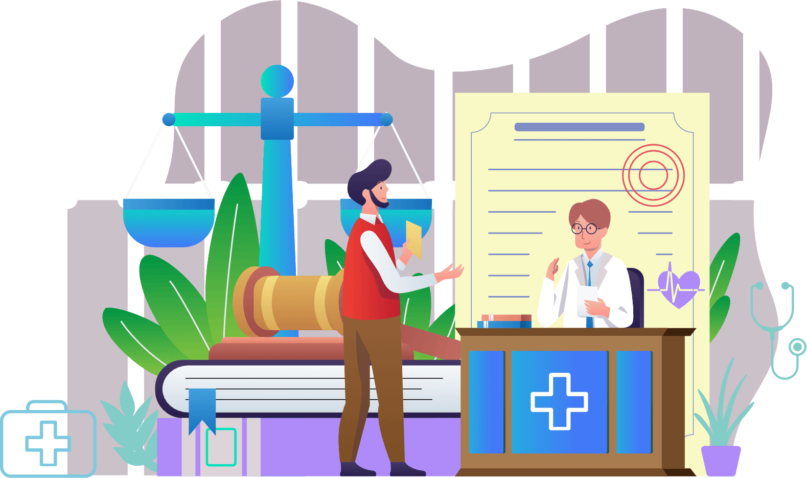 Abstract illustration concept of healthcare compliance with legal symbols such as a contract, gavel, and a physician, etc