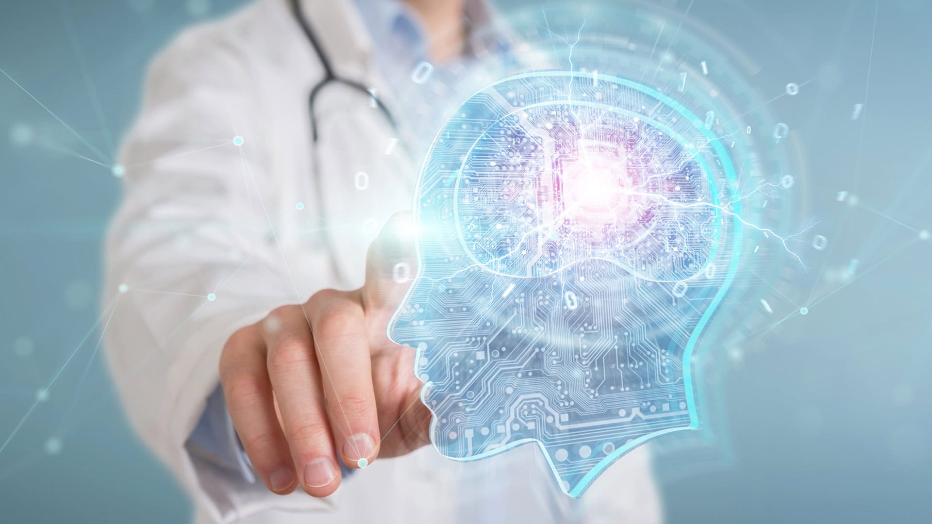 Abstract concept of a physician using artificial intelligence as depicted by the glowing mind