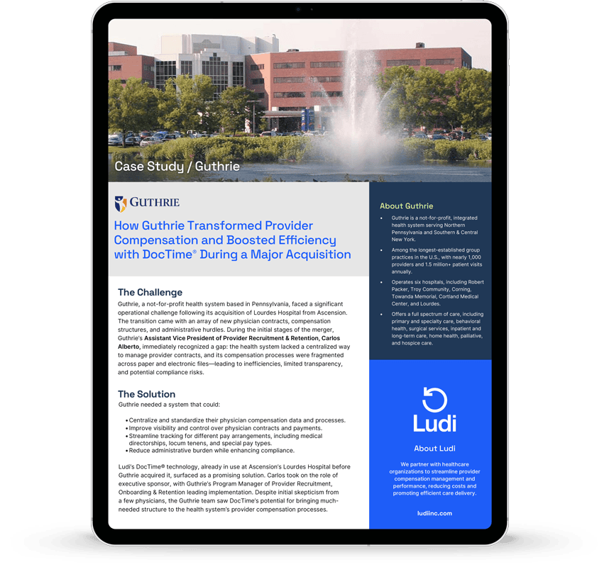 An iPad displays a case study titled "How Guthrie Transformed Provider Compensation and Boosted Efficiency with DocTime® During a Major Acquisition," highlighting healthcare automation, with a hospital building, fountain, and trees in the background.