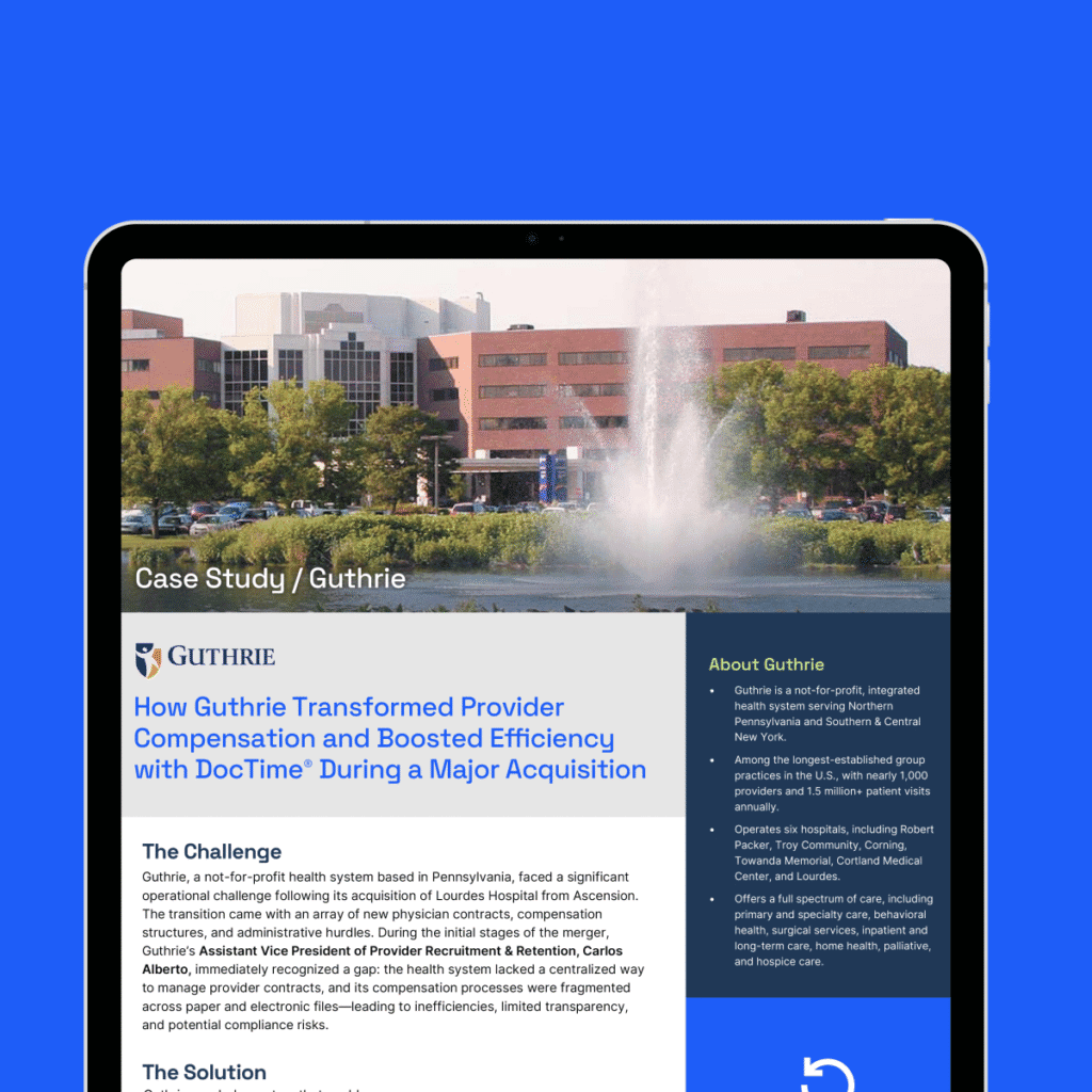 A tablet displays a case study titled "How Guthrie Transformed Provider Compensation and Boosted Efficiency with DocTime® During a Major Acquisition," featuring a hospital building and fountain, with text about the healthcare challenge.