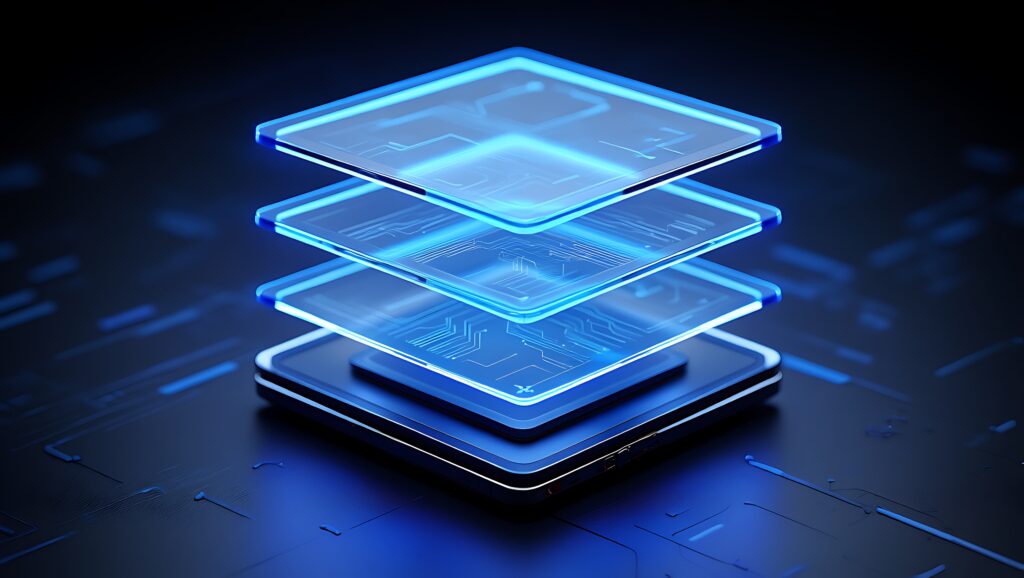 A 3D illustration of four glowing blue transparent circuit boards stacked above a black base, symbolizing advanced technology or hospital automation software, set against a dark background.