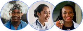 Three circular headshots of diverse medical professionals, including a surgeon in blue scrubs and doctors in white coats.