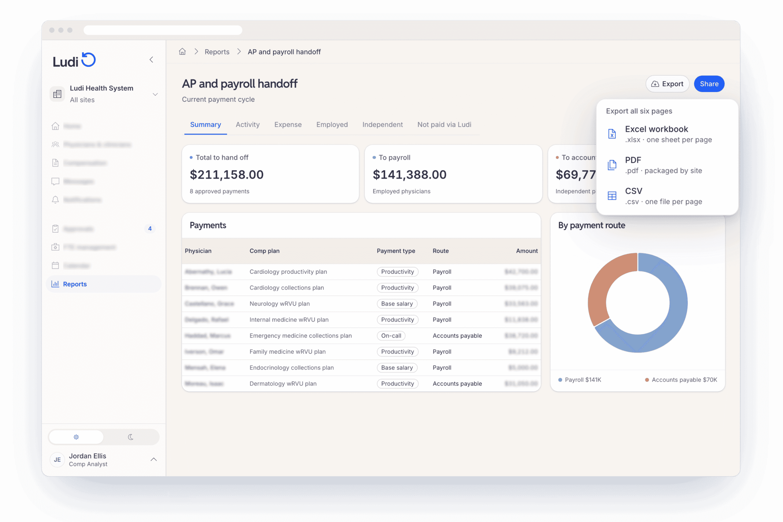 A desktop-size browser window shows an AP and Payroll Handoff dashboard with an option to download as a spreadsheet, PDF or CSV