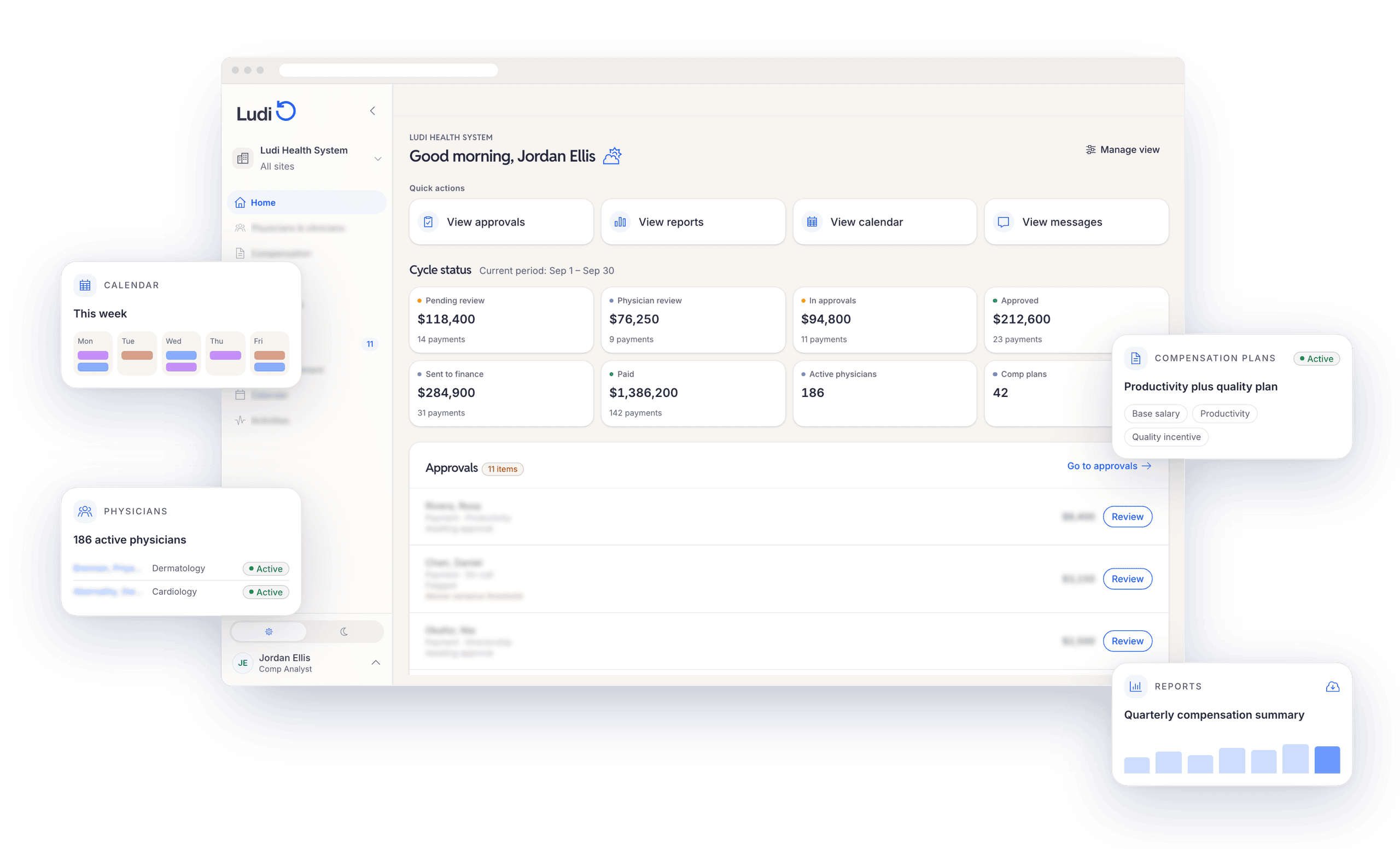A desktop-size browser window shows the Ludi Platform dashboard with a message reading, Good morning, Jordan Ellis.
